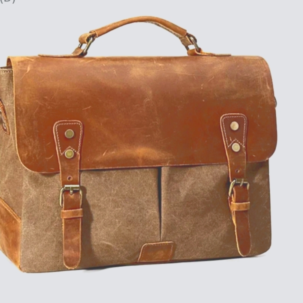 WOWBOX Brown Leather and Canvas Unisex Bag Vintage